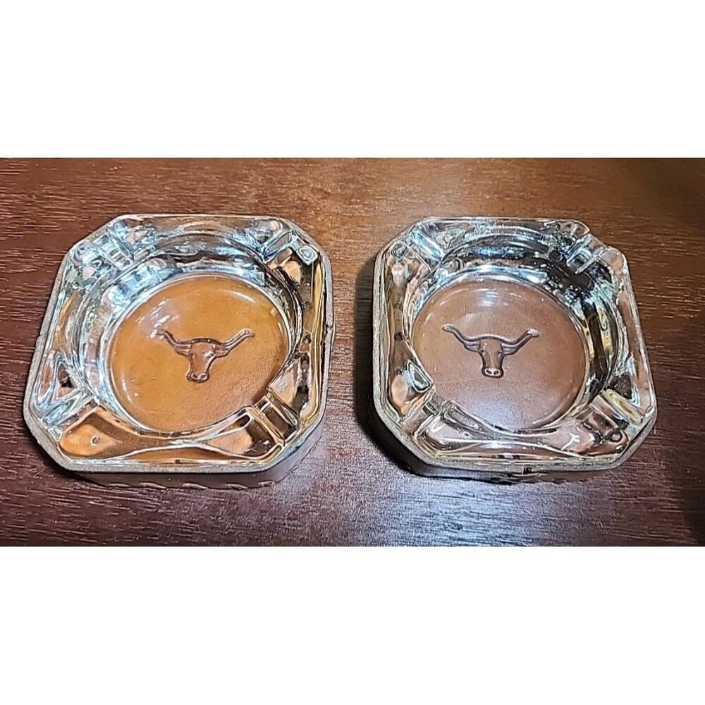 Set Of 2 4" Texas Longhorn Steer Tooled Leather Glass Ashtray Rustic Cowboy